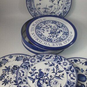 2005 Restoration Hardware 4 Indigo Blue Victorian Tin Plates with Tin Can